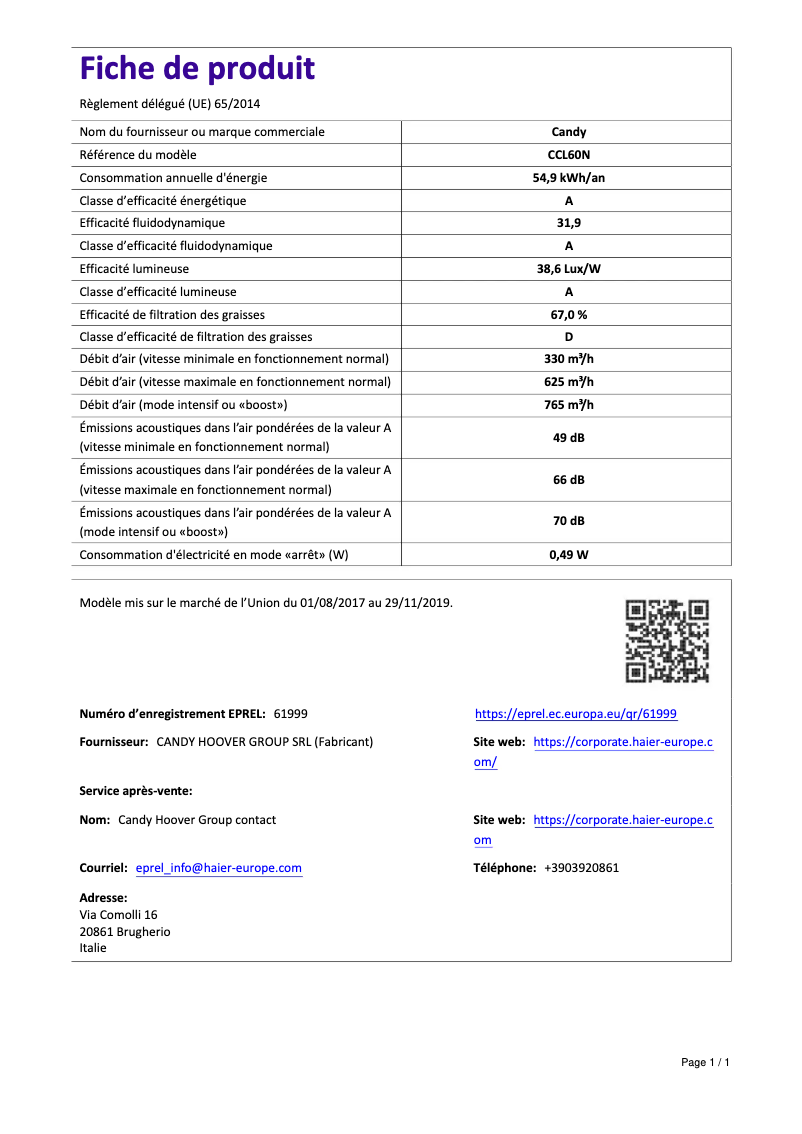 Page 1 de la notice Manuel utilisateur Candy CCL60N