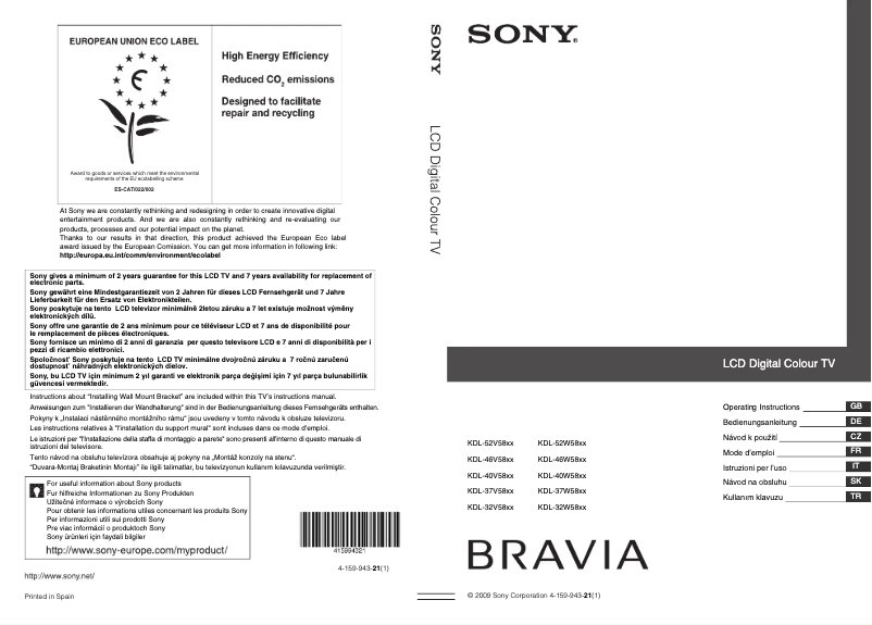 Page 1 de la notice Manuel utilisateur Sony Bravia KDL-46V5810