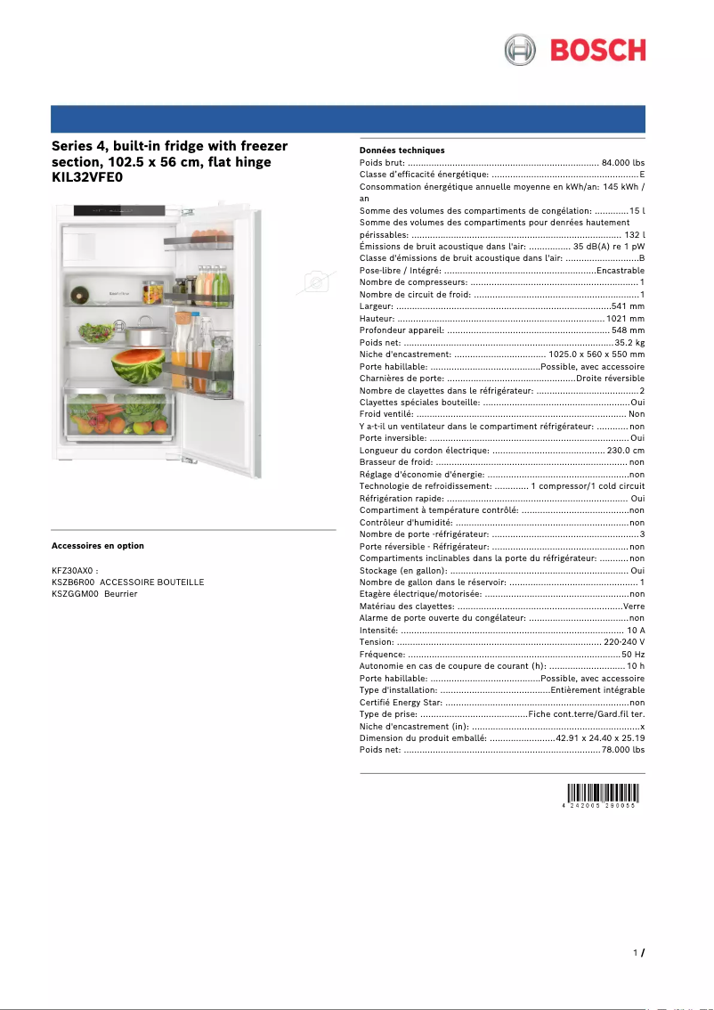 Página 1 del manual Ficha técnica Bosch KIL32VFE0