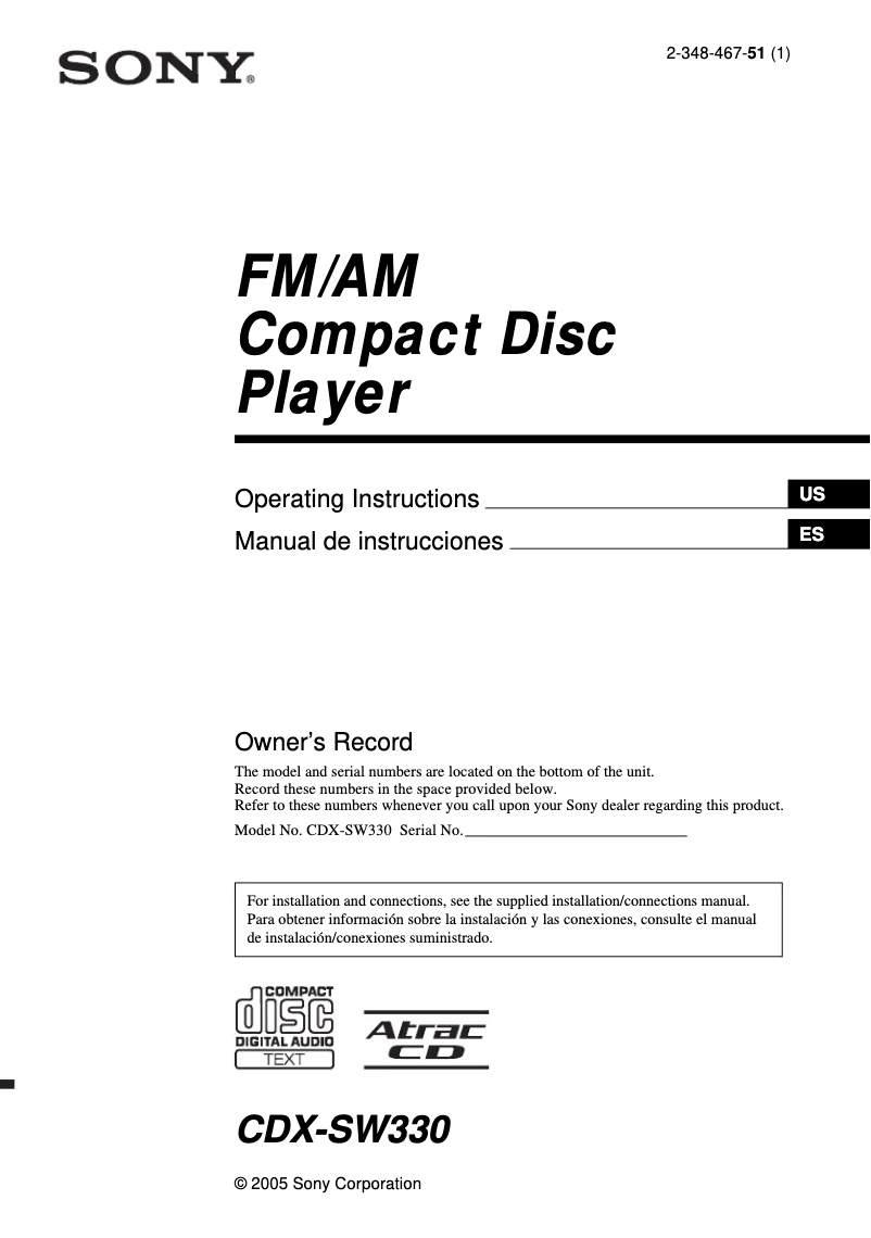 Page 1 de la notice Manuel utilisateur Sony CDX-SW330