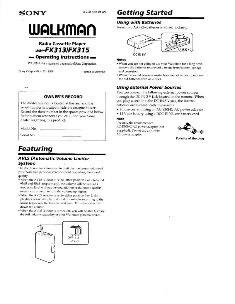 Image de la première page du manuel de l'appareil Walkman WM-FX313