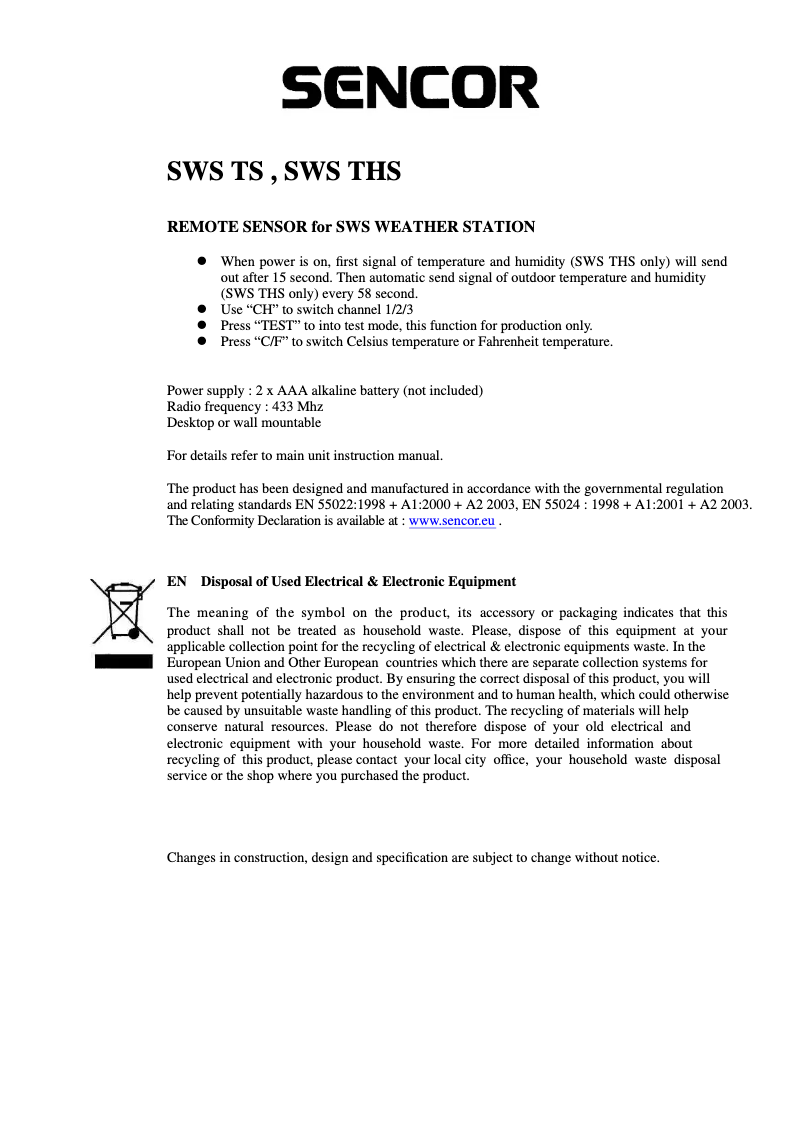 Page n°1 - Manuel utilisateur Sencor SWS THS