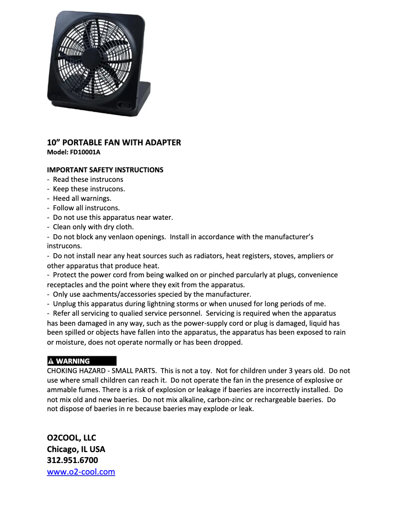 Page n°1 - Manuel utilisateur O2 Cool FD10001A