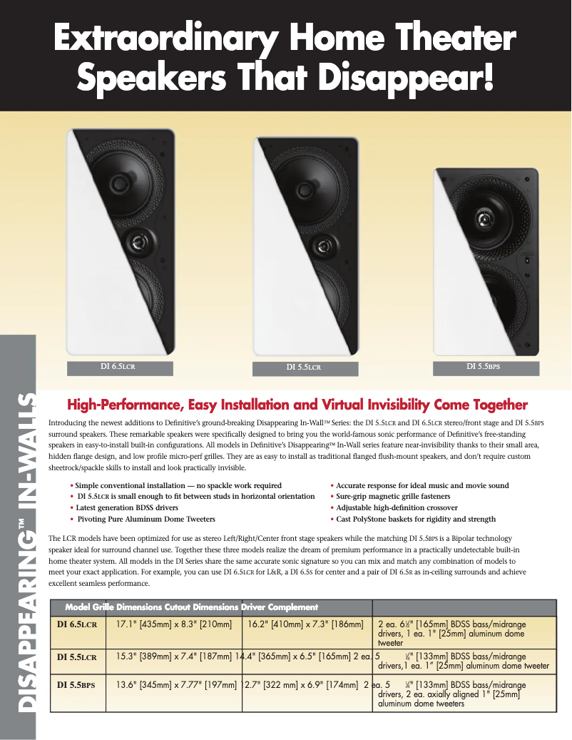 Page 1 de la notice Fiche technique Definitive Technology Disappearing DI 5.5LCR