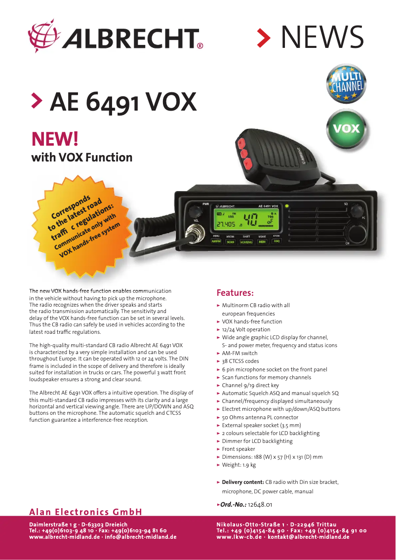 Página 1 del manual Ficha técnica Albrecht AE 6491 VOX