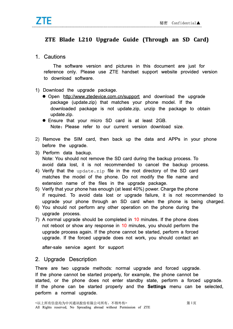 Page 1 de la notice Manuel utilisateur ZTE Blade L210