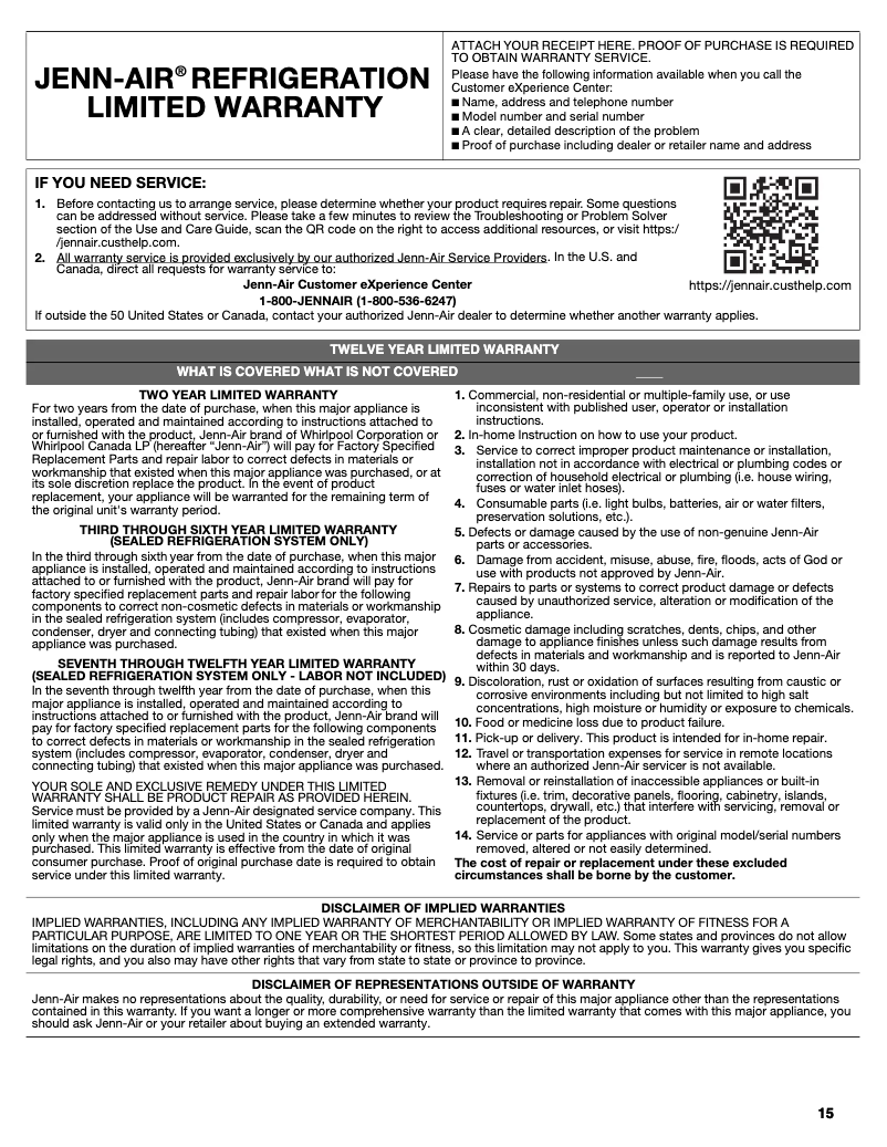 Page n°1 - Informations de garantie JennAir JSC23C9EEM