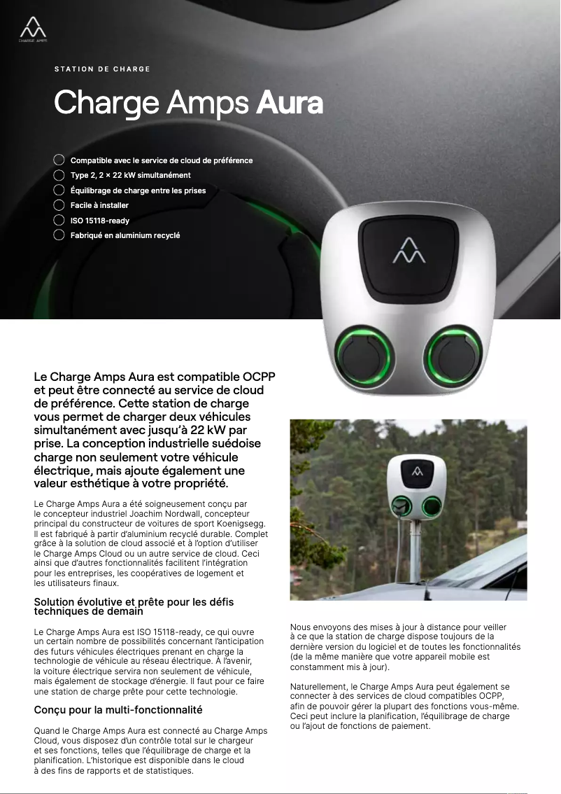 Page 1 de la notice Fiche technique Charge Amps Aura
