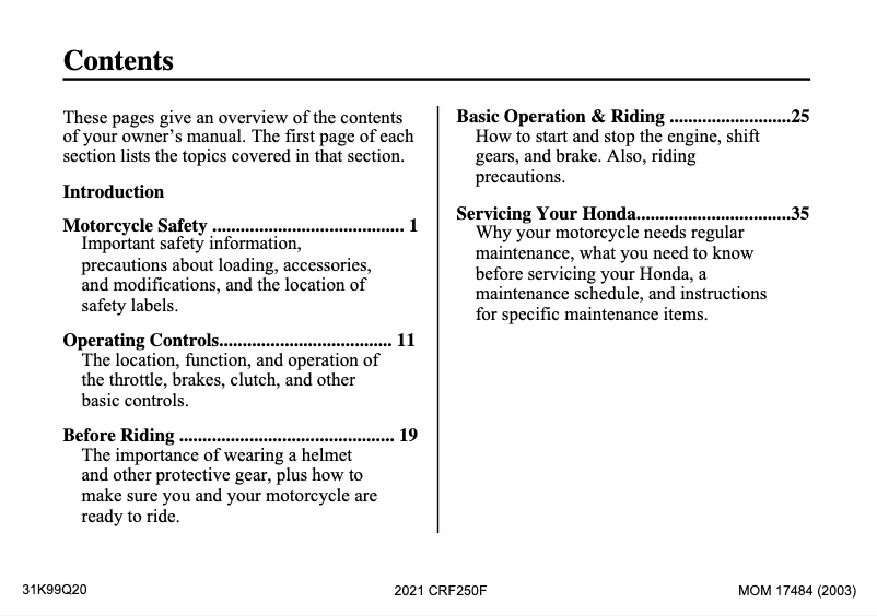 Imagen de la primera página del manual del dispositivo CRF250F (2021)