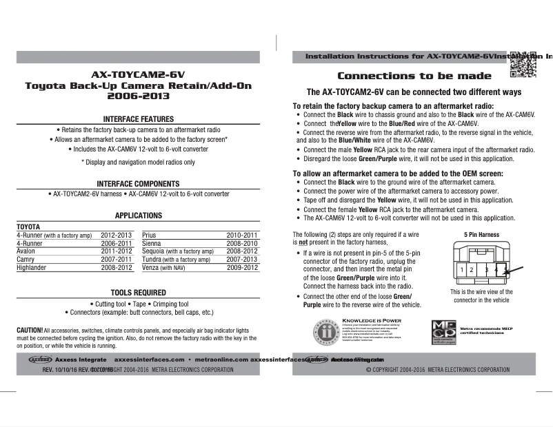 Page n°1 - Manuel utilisateur Metra AX-TOYCAM2-6V