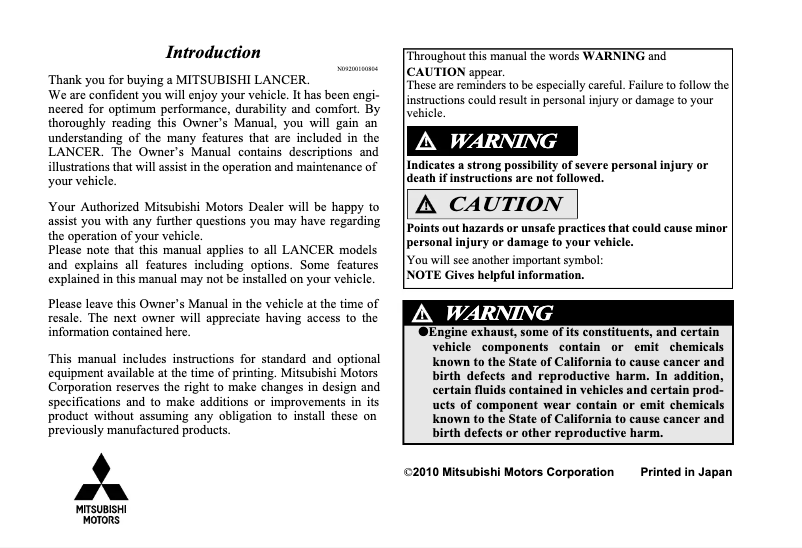 Page 1 de la notice Manuel utilisateur Mitsubishi Lancer Ralliart (2011)