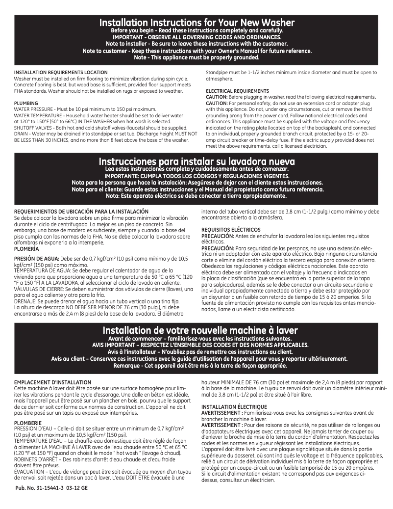 Page n°1 - Guide d'installation GE GCWN3000MWS