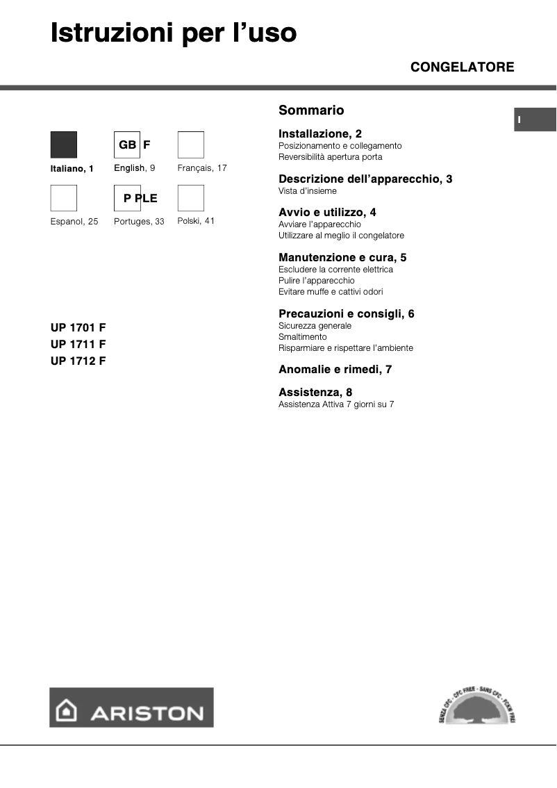 Page 1 de la notice Manuel utilisateur Hotpoint Ariston UP 1711 F