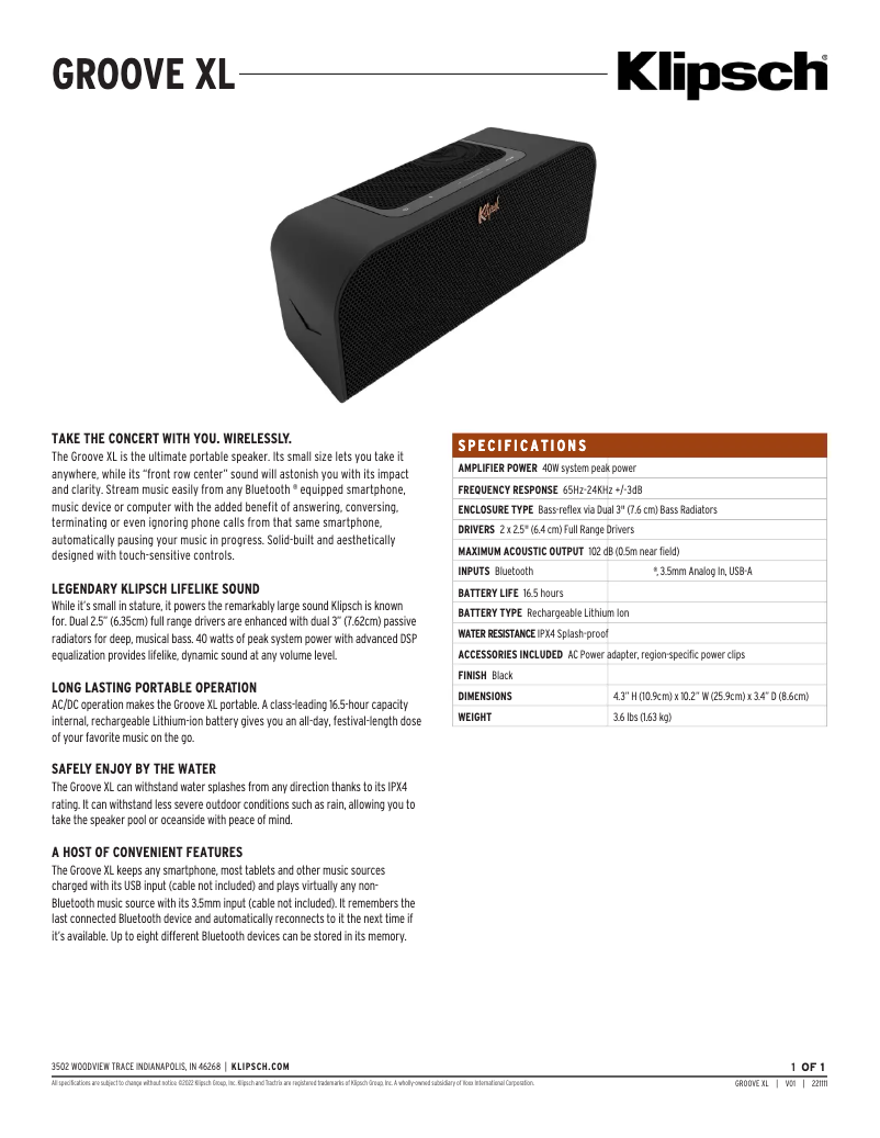 Page n°1 - Fiche technique Klipsch Groove XL