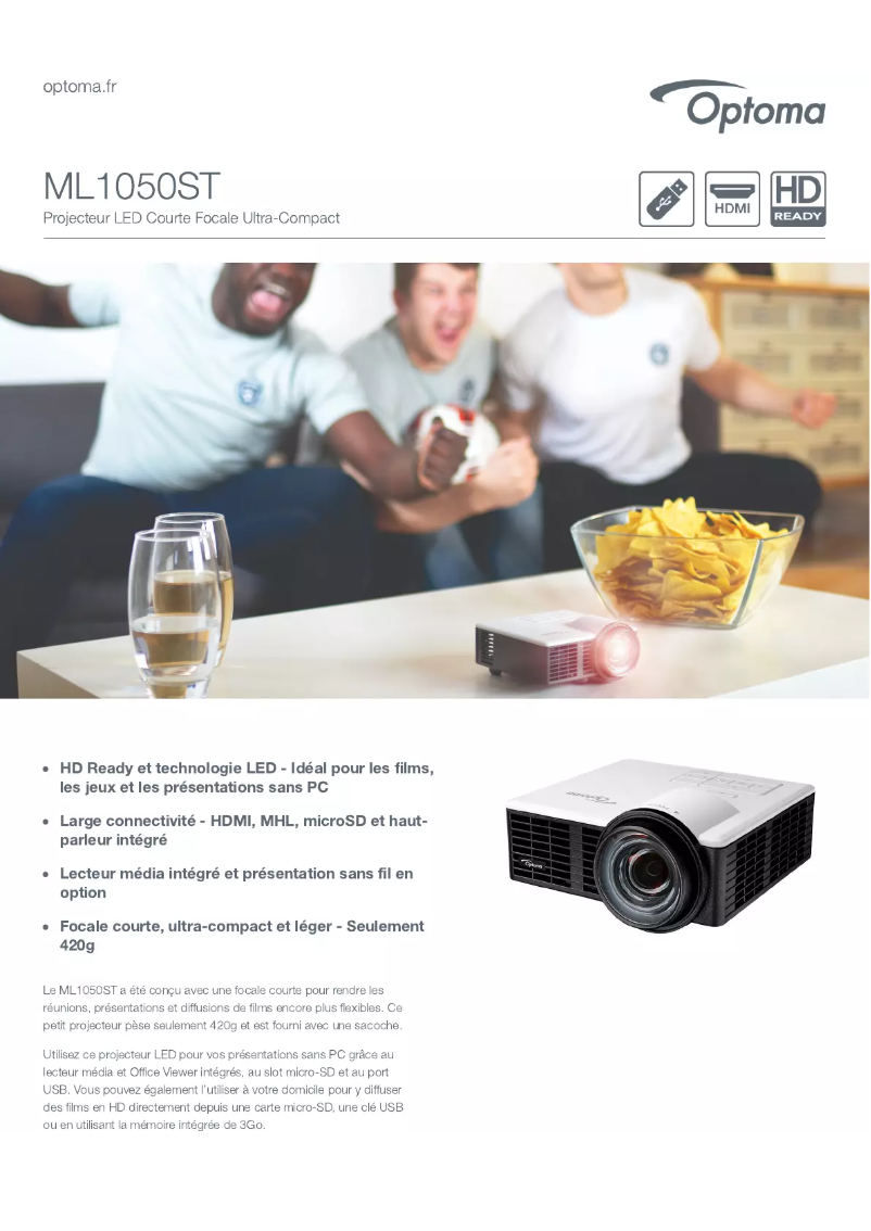 Page 1 de la notice Fiche technique Optoma ML1050ST