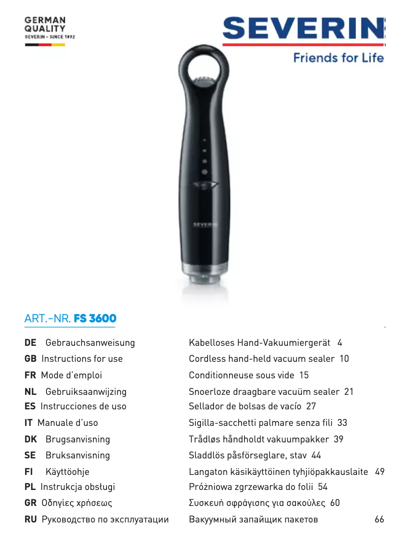 Page n°1 - Manuel utilisateur Severin FS 3600