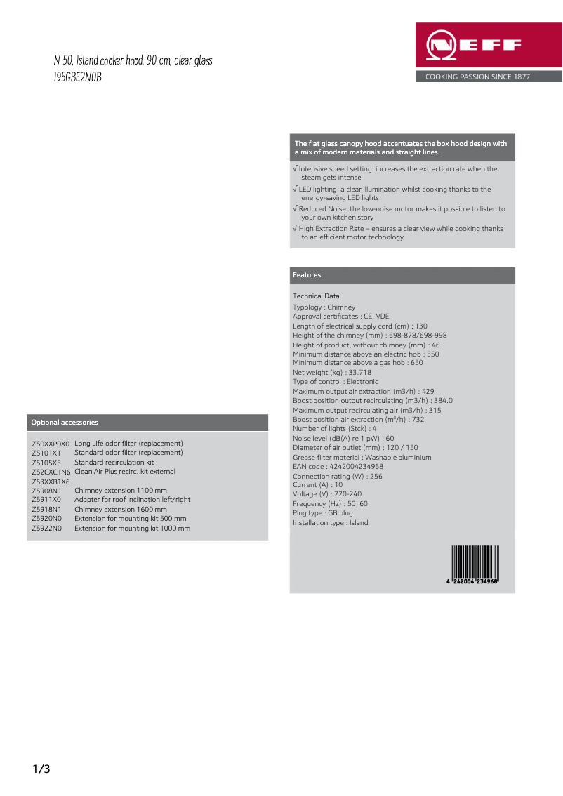 Page n°1 - Fiche technique Neff I95GBE2N0B