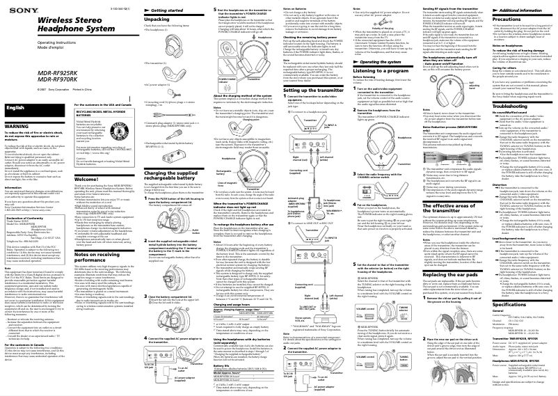 Page n°1 - Manuel utilisateur Sony MDR-RF970RK