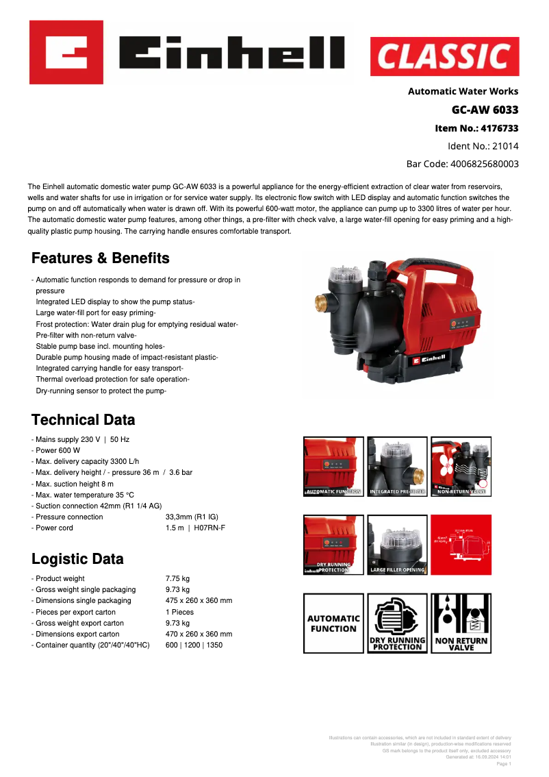 Page n°1 - Fiche technique Einhell GC-AW 6033