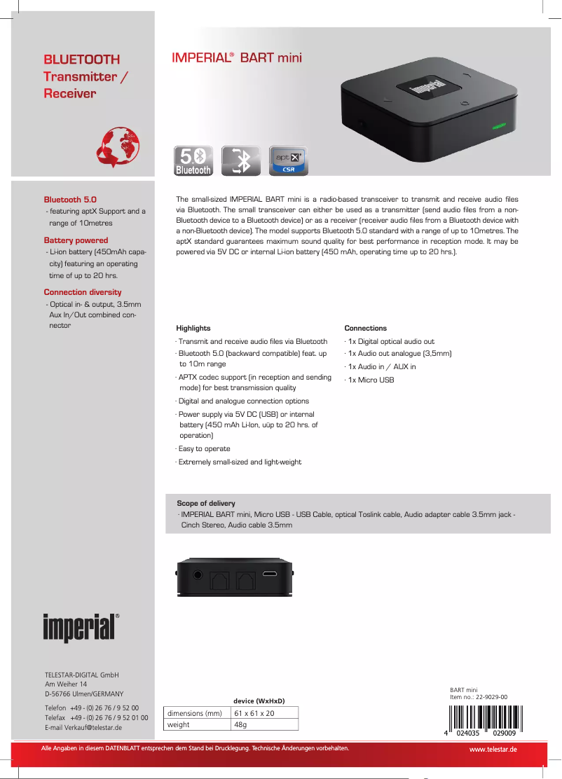 Página 1 del manual Ficha técnica Imperial Bart Mini