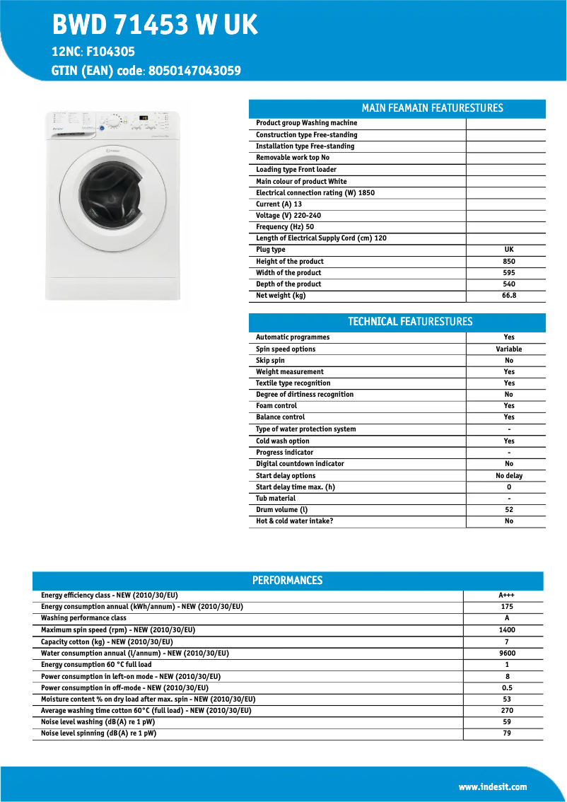 Page n°1 - Fiche technique Indesit BWD 71453 W UK