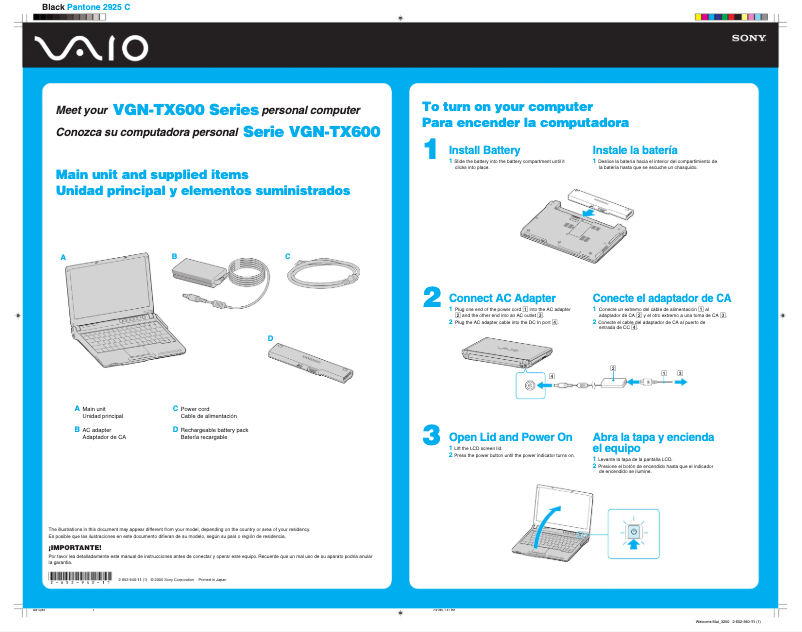 Image de la première page du manuel de l'appareil Vaio VGN-TX630P