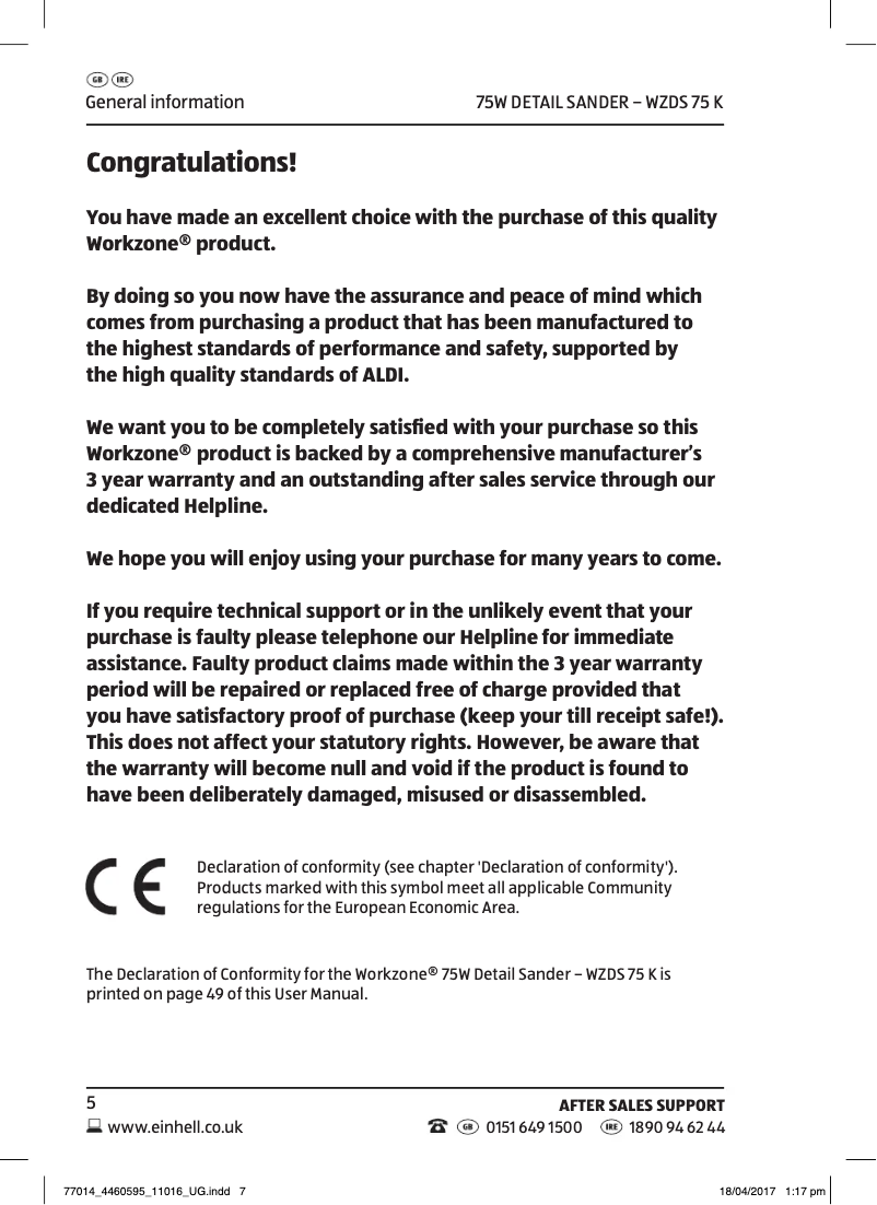 Page n°1 - Manuel utilisateur Workzone WZDS 75 K