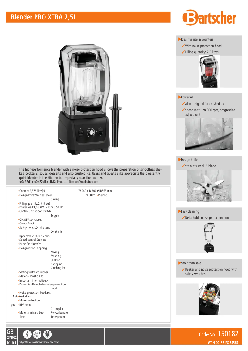 Page 1 de la notice Fiche technique Bartscher 150182