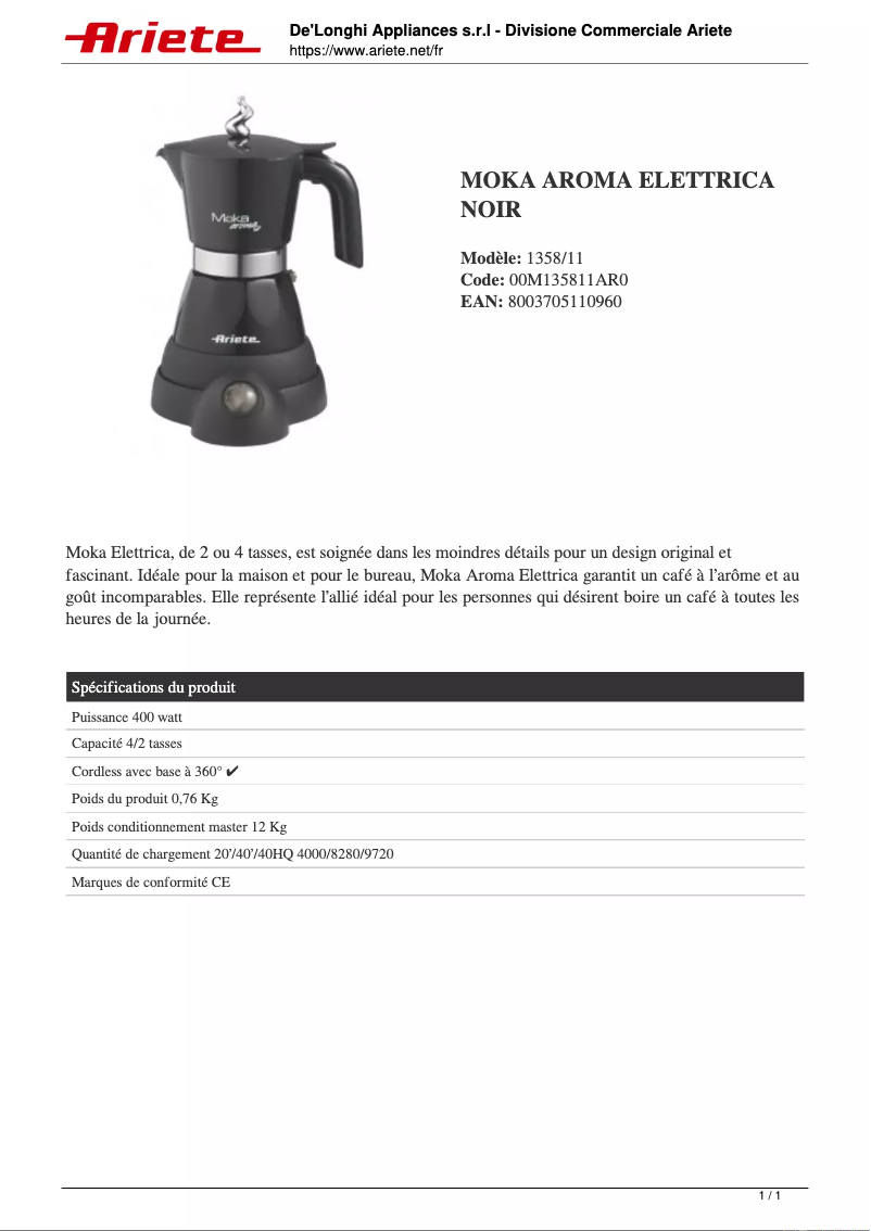 Page n°1 - Fiche technique Ariete Moka Aroma Elettrica 1358