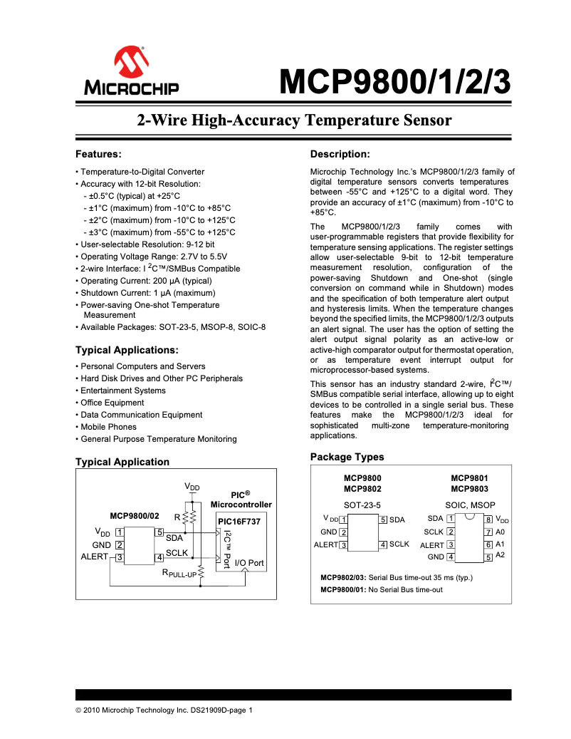 Page 1 de la notice Fiche technique Microchip MCP9803