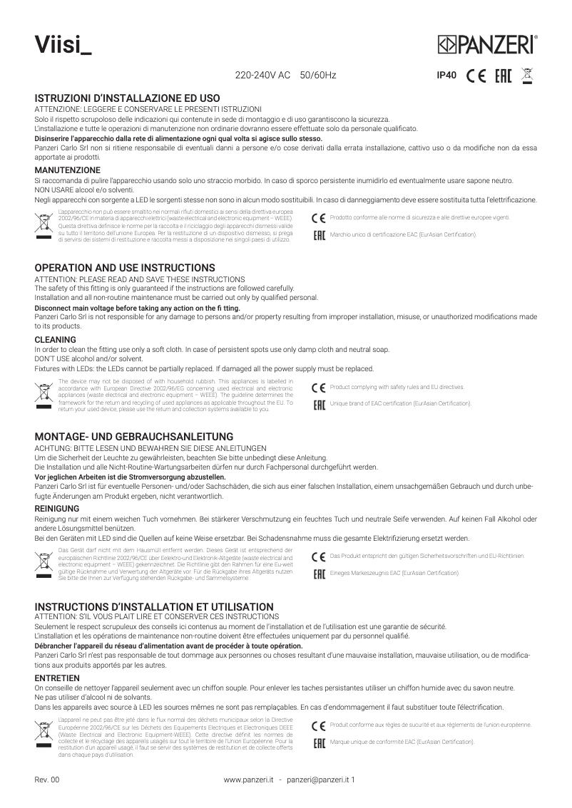 Page 1 de la notice Manuel utilisateur Panzeri Viisi