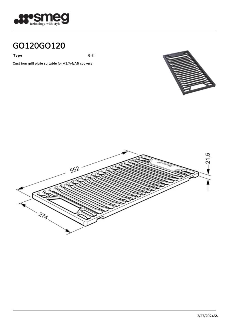 Page 1 de la notice Fiche technique Smeg GO120