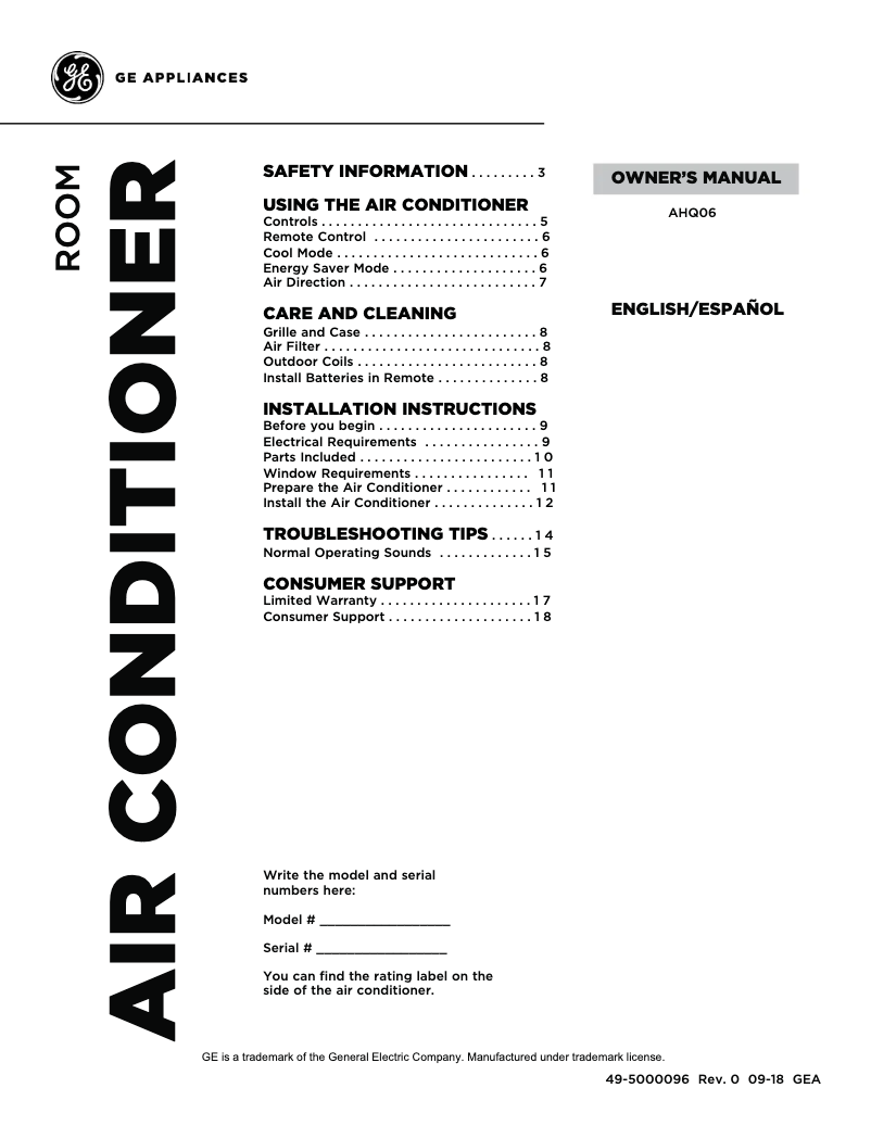 Página 1 del manual Manual de uso y mantenimiento GE AHQ06LYC