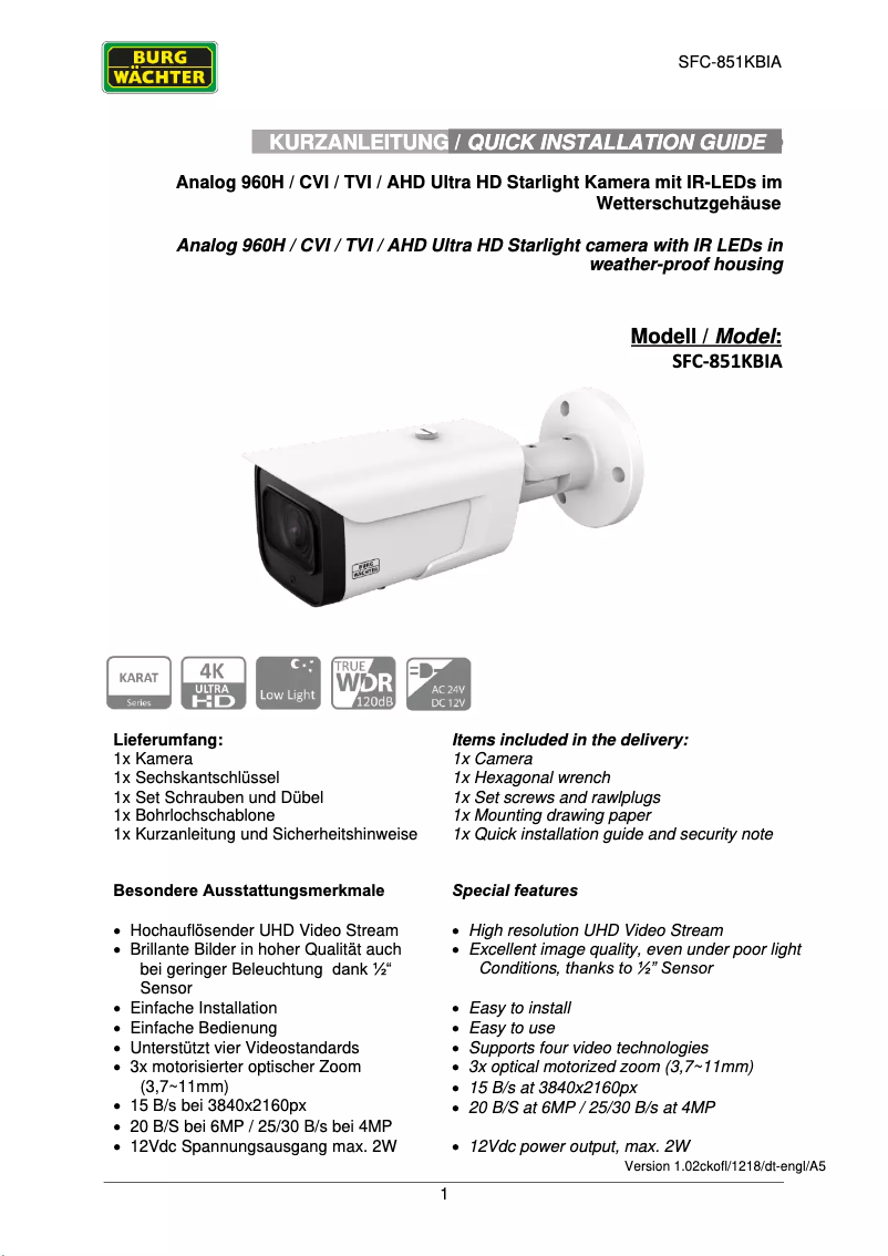 Page 1 de la notice Manuel utilisateur Burg Wächter SFC-851KBIA