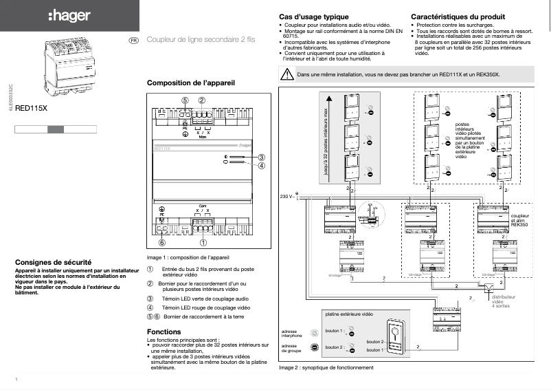 Page 1 de la notice Instructions / montage Hager RED115X