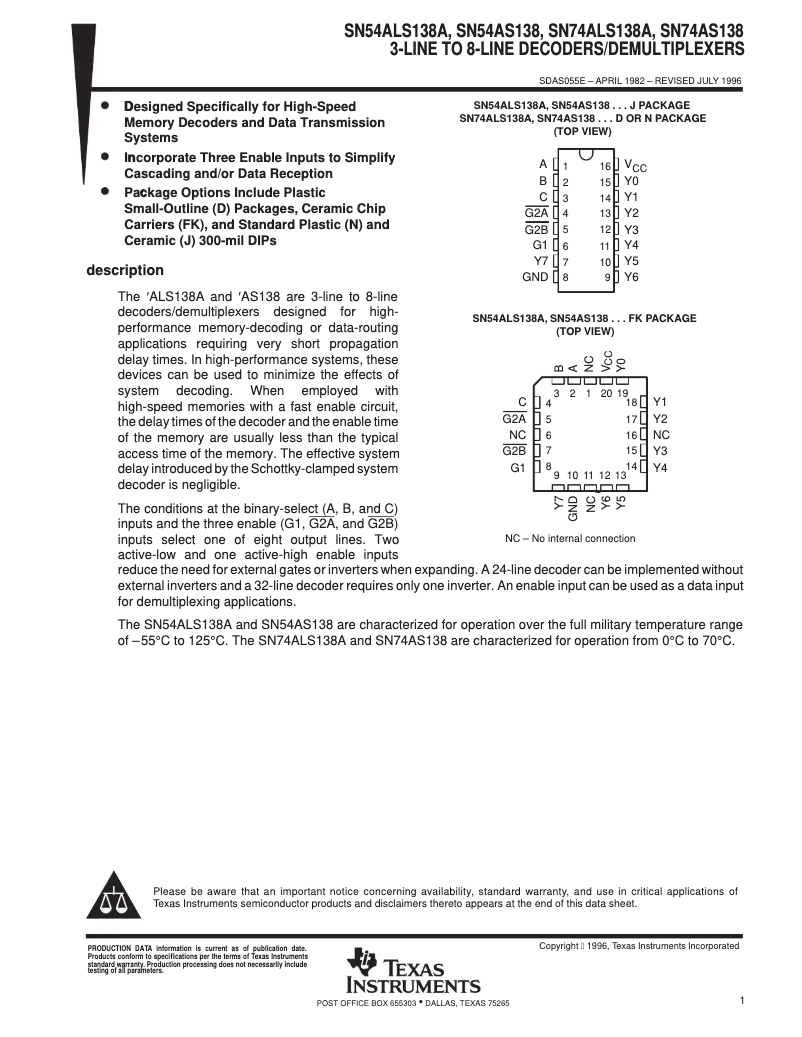 Page 1 de la notice Manuel utilisateur Texas Instruments SN74ALS138AN