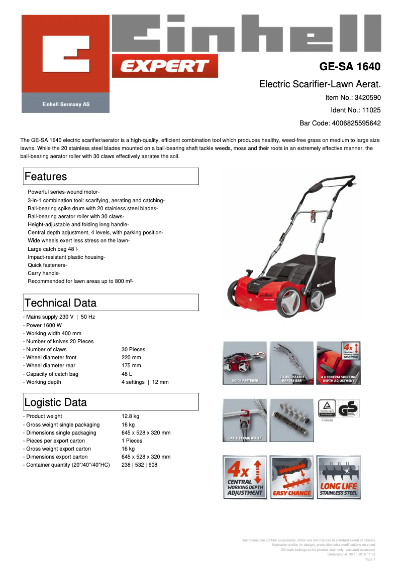 Page n°1 - Fiche technique Einhell GE-SA 1640