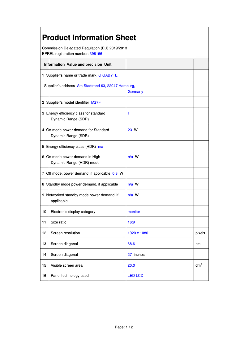 Página 1 del manual Ficha técnica Gigabyte M27F