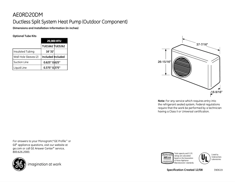 Página 1 del manual Ficha técnica GE AE0RD20DM