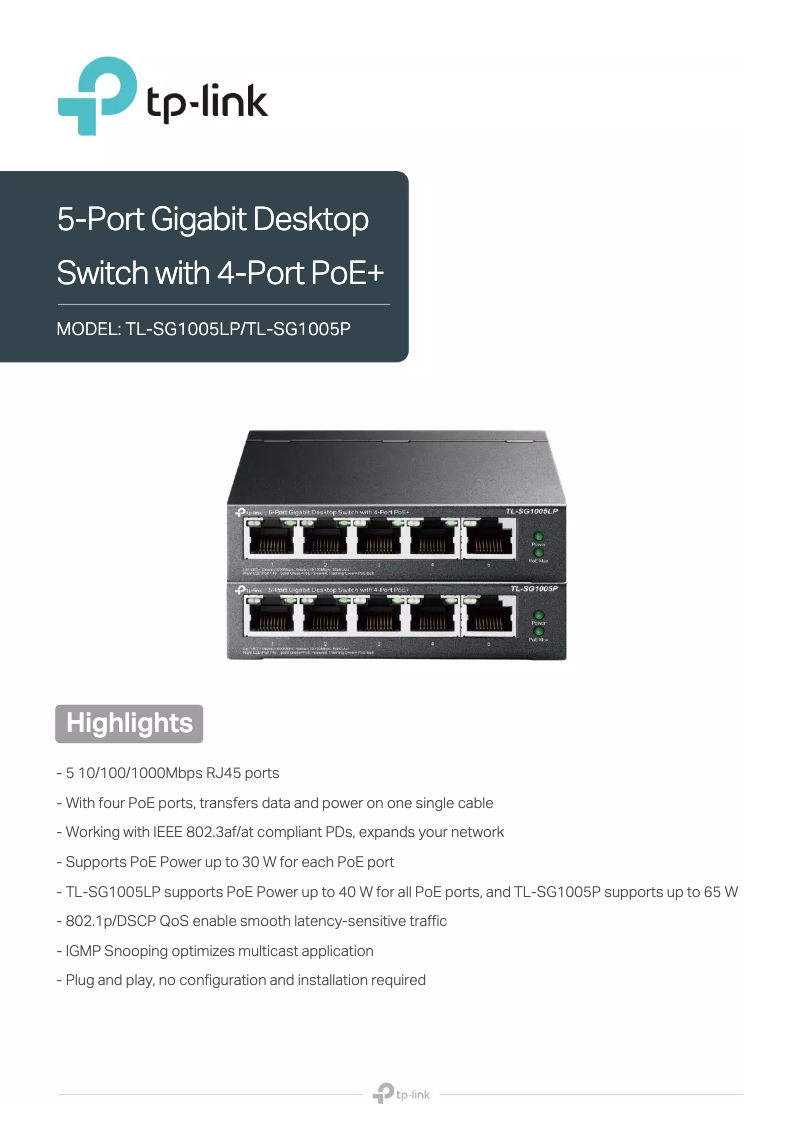 Page n°1 - Fiche technique TP-Link TL-SG1005LP