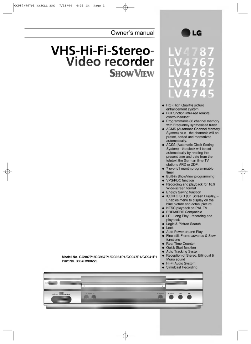 Page 1 de la notice Manuel utilisateur LG ShowView LV4747