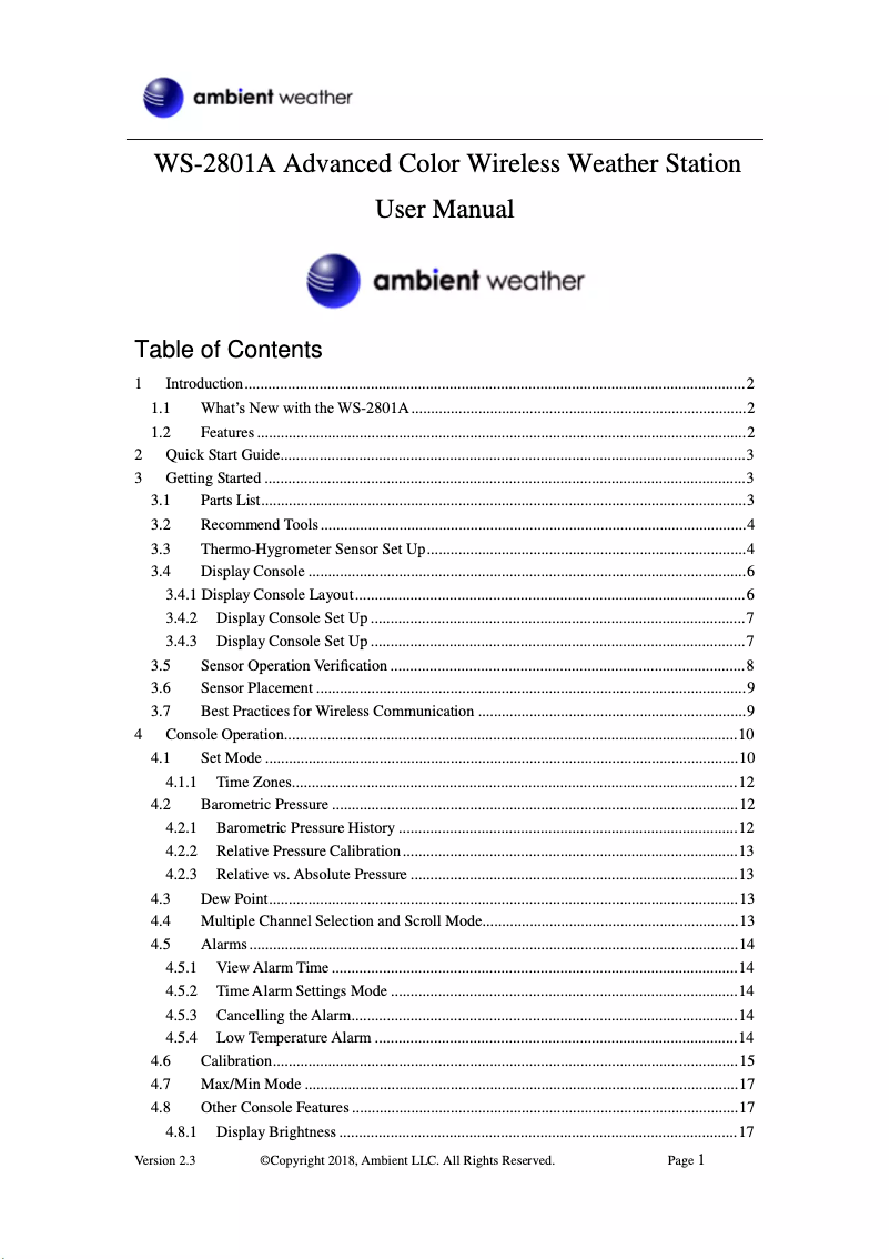 Page 1 de la notice Manuel utilisateur Ambient Weather WS-2801