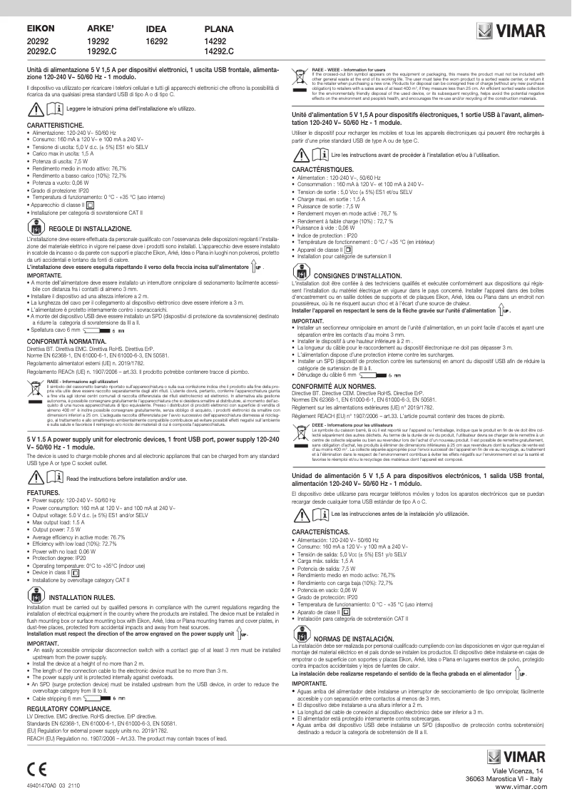 Page 1 de la notice Manuel utilisateur Vimar 20292.N