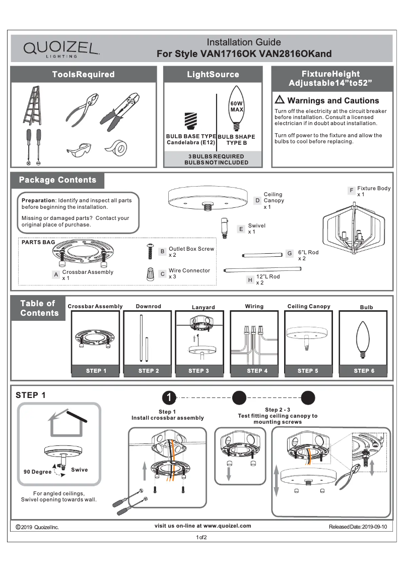 Page 1 de la notice Manuel utilisateur Quoizel Vanguard VAN1716OK