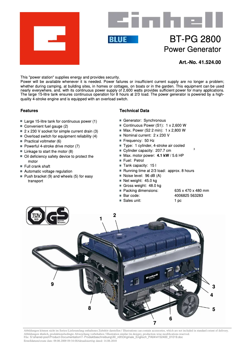 Page n°1 - Manuel utilisateur Einhell BT-PG 2800