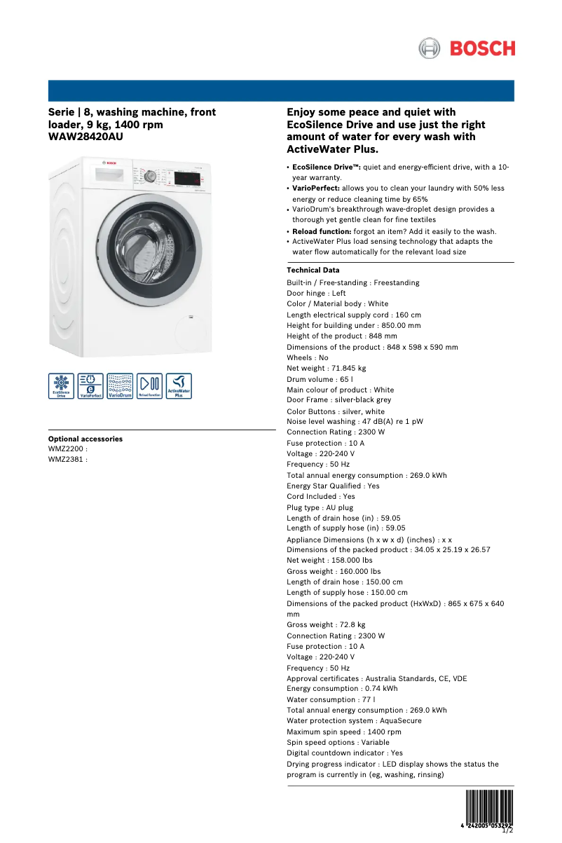 Page n°1 - Fiche technique Bosch WAW28420AU
