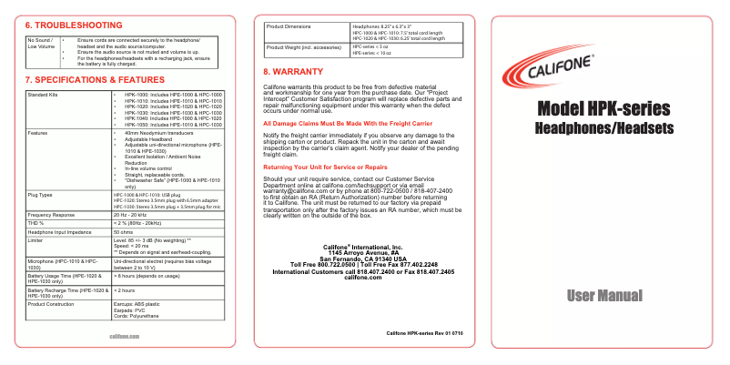 Page n°1 - Manuel utilisateur Califone Titanium HPK-1530