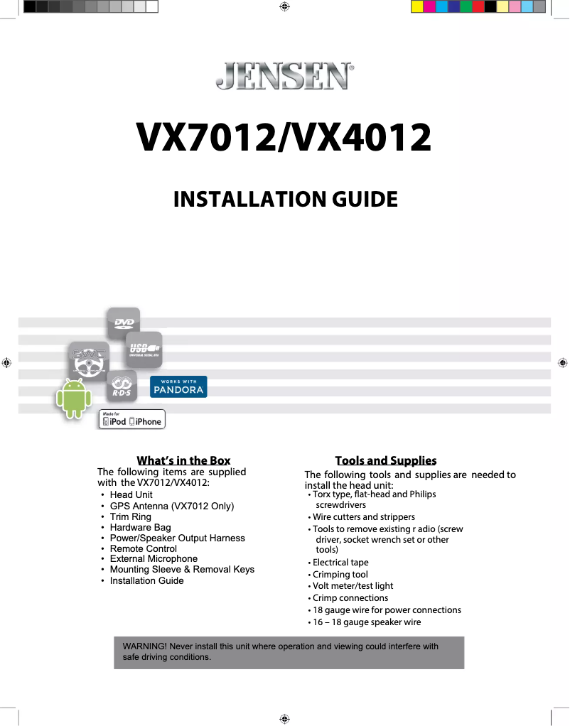 Page n°1 - Guide d'installation Jensen VX4012