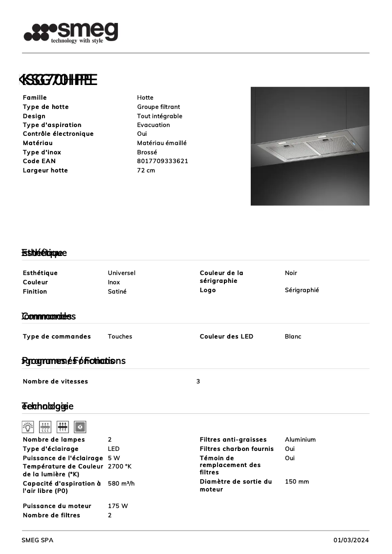 Page 1 de la notice Fiche technique Smeg KSG70HPE
