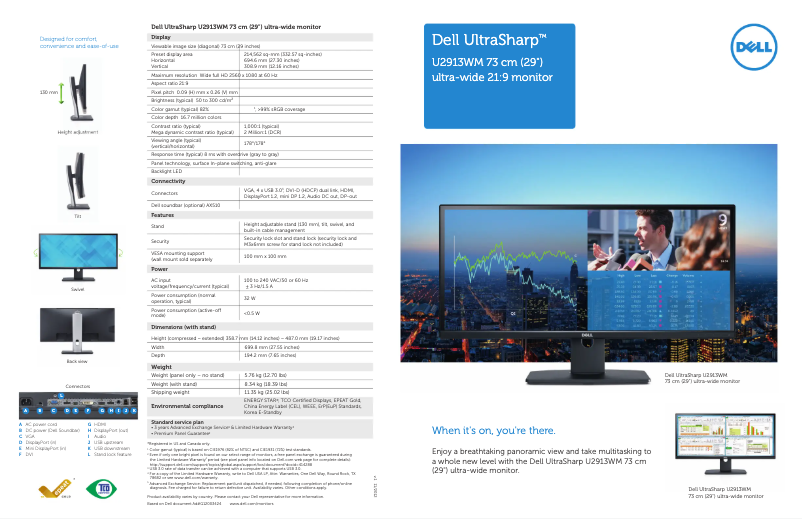 Page 1 de la notice Fiche technique Dell UltraSharp U2913WM